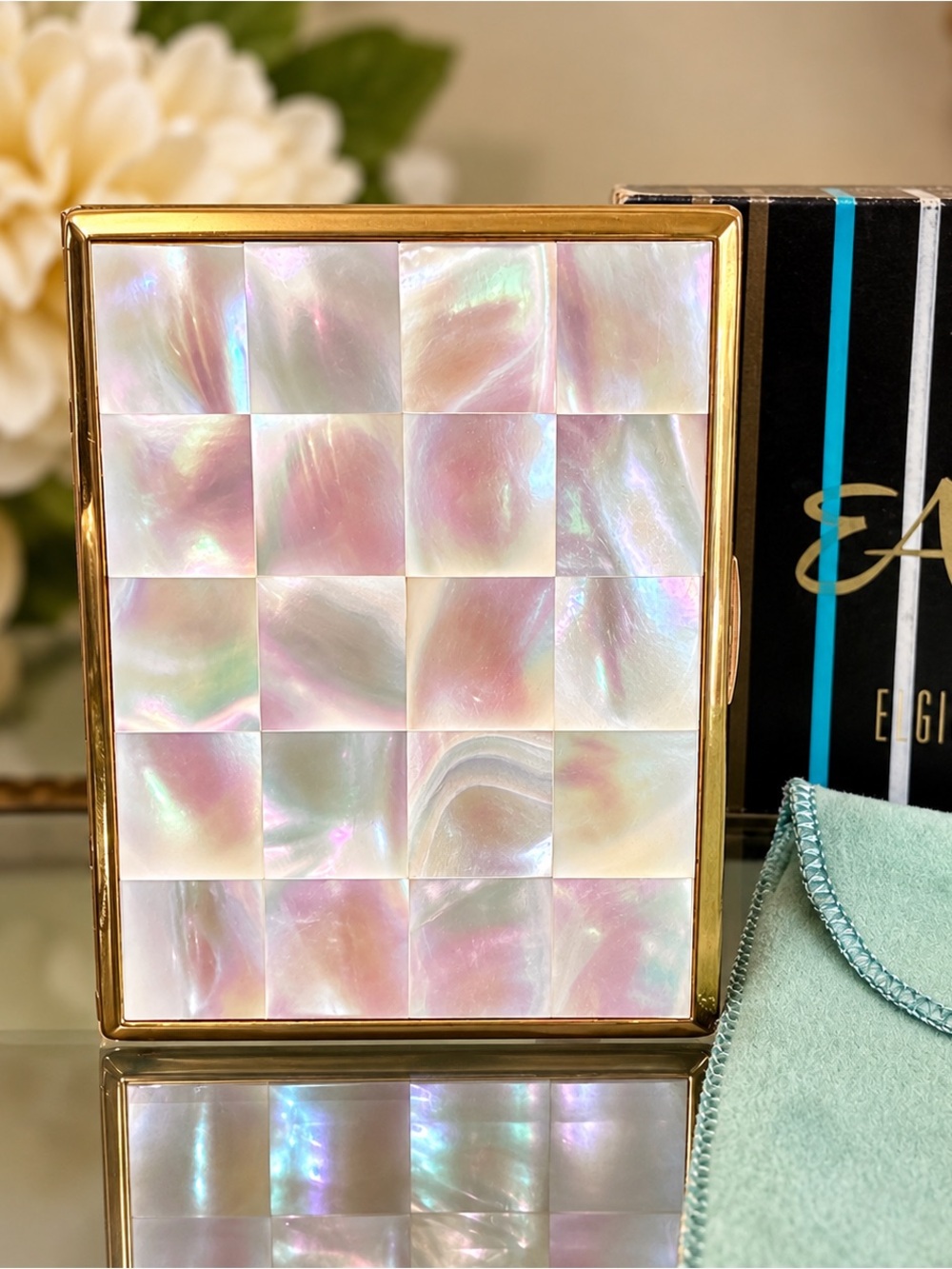 Vintage Elgin American Beauty Mother of Pearl Compact Original Box & Pouch